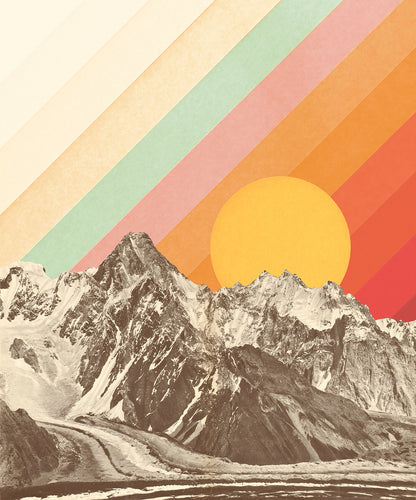 Unframed print with a graphic design feel, featuring a stark mountain range under a large sun, overlaid with colourful diagonal stripes in pastel orange, yellow, and green.