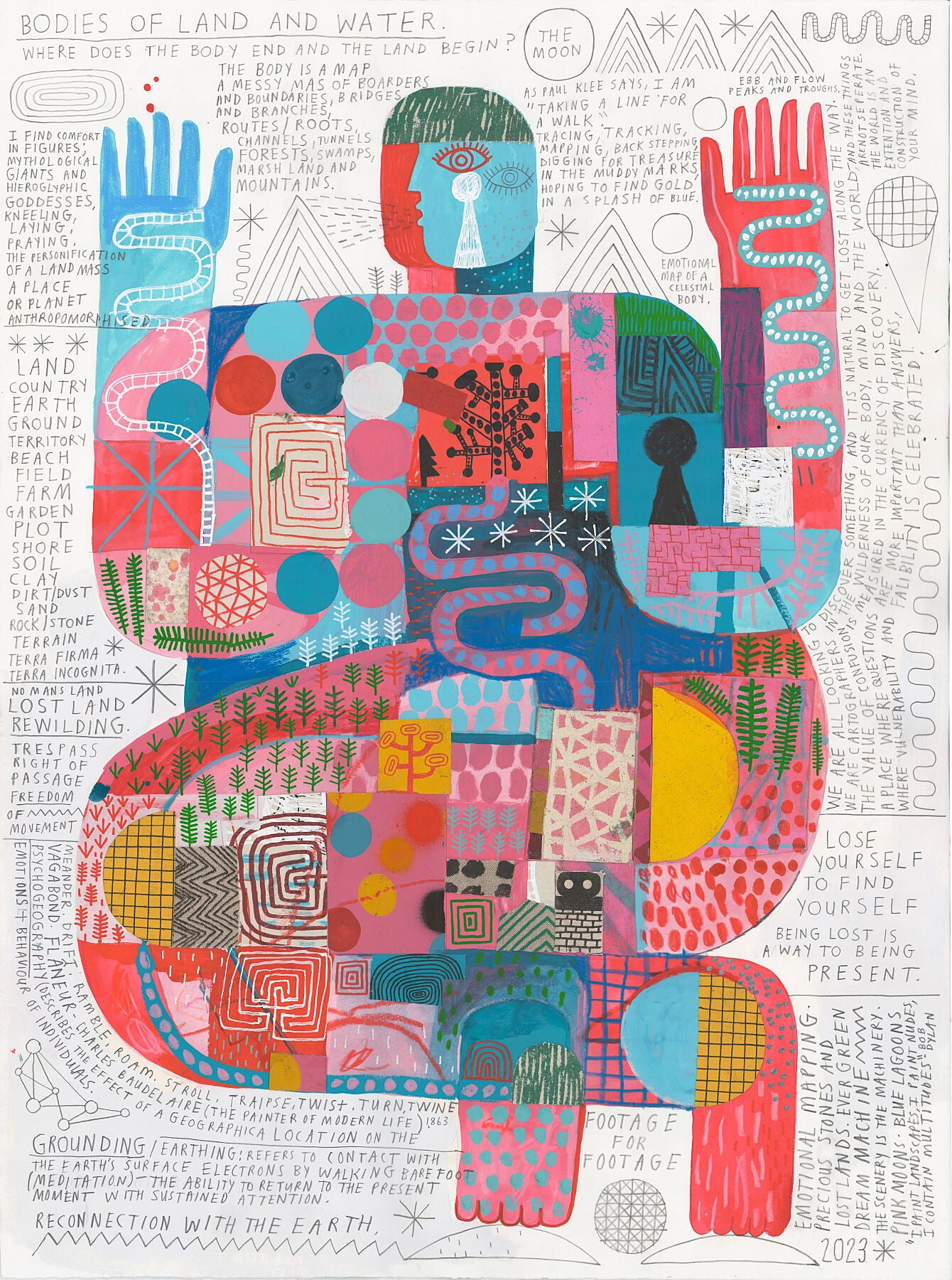 Dive into the captivating world of 'Body Scan 3' by David Shillinglaw: an intriguing unframed print that showcases a kneeling human figure, crafted from vibrant graphic patterns with pink hues. Against a backdrop of black and white words and phrases, explore the multifaceted meanings of the word 'body'.