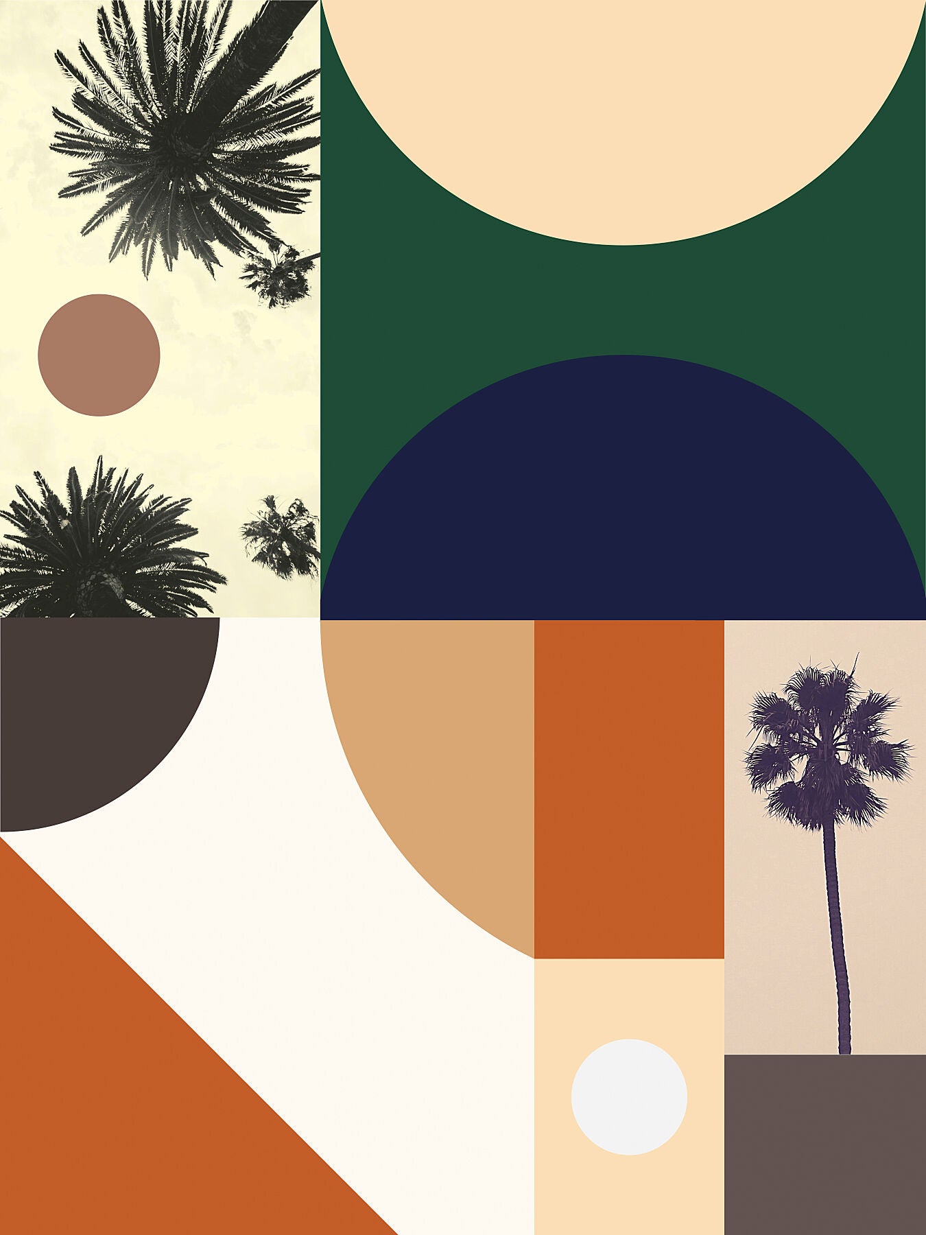 "Beverly Glen, 21st century" by George Rosaly. This unframed print, adorned with dark orange, blue, and green shapes against a neutral backdrop, encapsulates the neighbourhood's tranquillity. Palm trees seen from below add a touch of natural elegance.