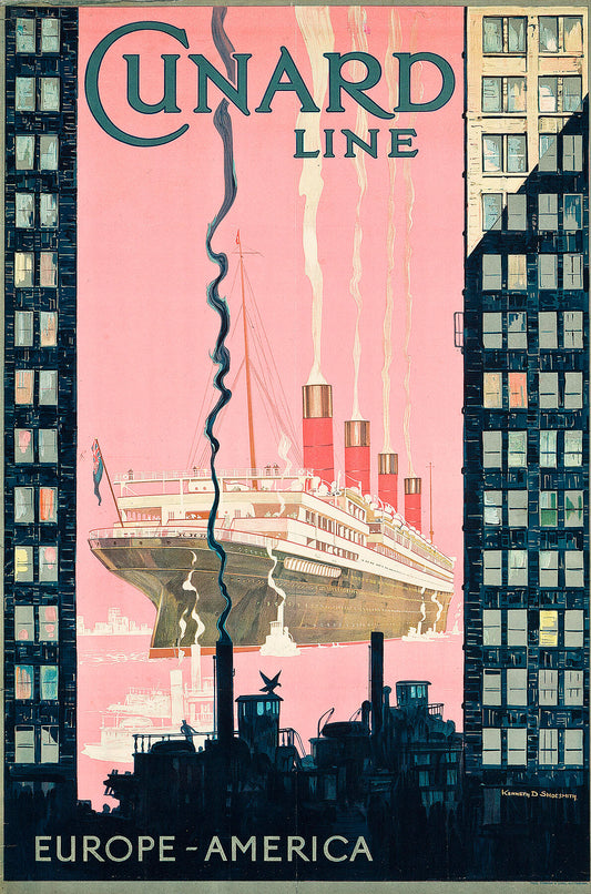 Kenneth Shoesmith, Poster advertising travel from Europe to America with shipping company Cunard Line c 1925 - Kenneth (1890-1939), Painting, Shoesmith, Vintage Posters - Bridgeman Editions by  Bridgeman Editions