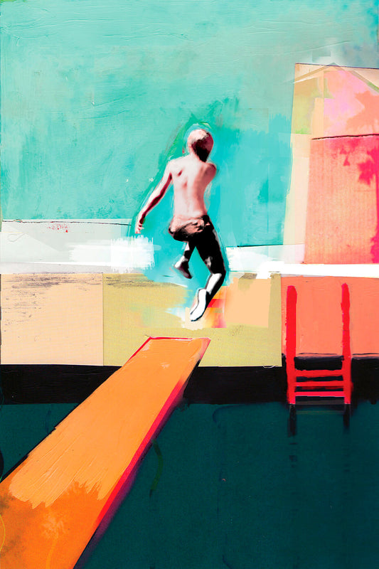 Dive into the vibrant world of 'Pool Day' by David McConochie: a captivating print featuring a young boy leaping into a pool from an orange diving board against a stunning cyan sky. Experience the joy of summer with this colourful fine art print
