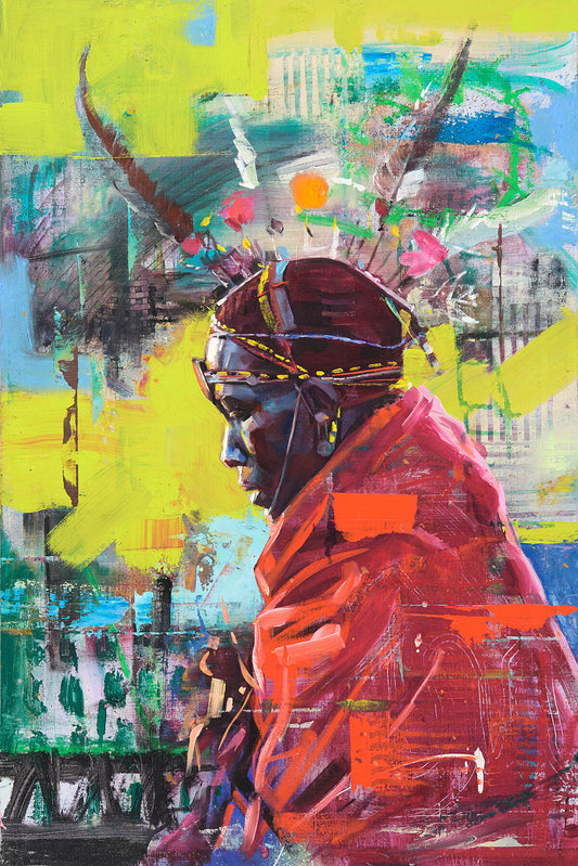 Image of the unframed fine art print Initiation by the Contemporary artist Aaron Bevan-Bailey, afrofuturist portrait of a Masai warrior on a brightly coloured background	8351474