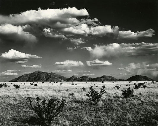 Immerse yourself in the breathtaking beauty of ‘Desert Landscape New Mexico’ by Brett Weston.This captivating unframed black and white print encapsulates the rugged beauty of a desert vista, with majestic mountains and a dynamic cloudy sky.