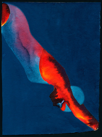 Explore "Diver" by Graham Dean: a dynamic watercolour turned into an unframed print capturing a woman diving into a vivid blue aquatic world.
