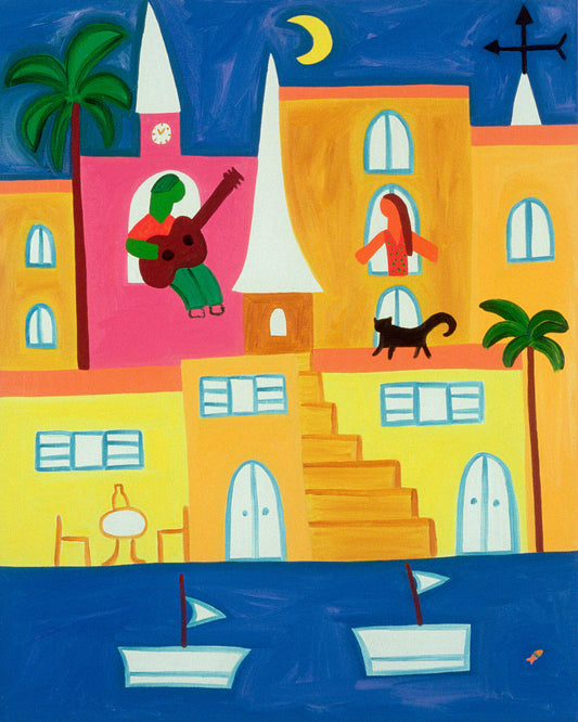 Unframed print 'Serenata en Calvi' by Cristina Rodriguez captures a vibrant town view inspired by a trip to Corsica. Amidst the colourful scene, a young man serenades a woman with his guitar, while the moon, palm trees, and a curious cat lend an enchanting ambiance to the moment.