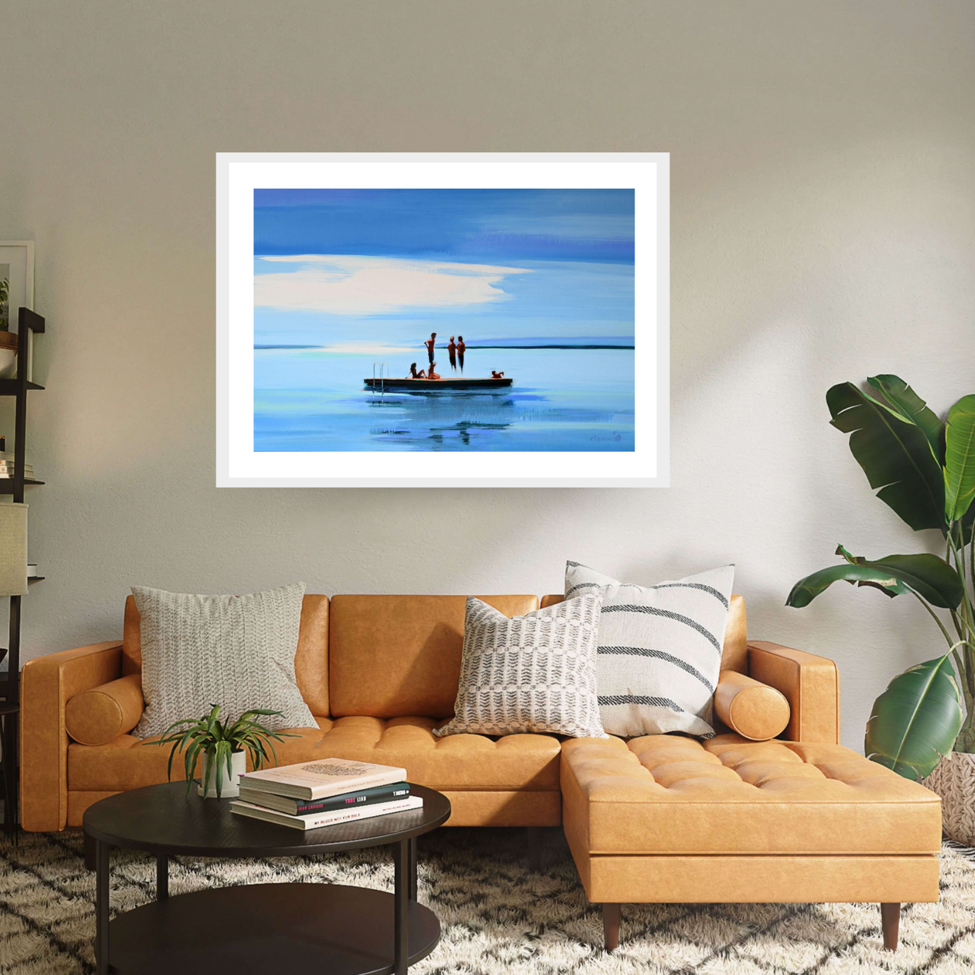 Delve into 'A Break in the Weather, 2023' by Elizabeth Lennie: a serene white framed fine art print portraying six figures relaxing and swimming around a dock in a vast seascape. Against a picturesque blue sky adorned with a long white cloud, immerse yourself in the tranquil atmosphere of this scenic artwork.