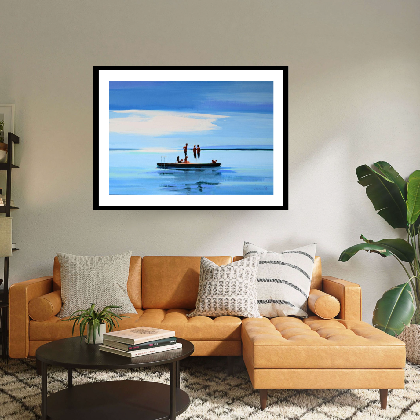 Delve into 'A Break in the Weather, 2023' by Elizabeth Lennie: a serene black framed fine art print in an elegant interior portraying six figures relaxing and swimming around a dock in a vast seascape. Against a picturesque blue sky adorned with a long white cloud, immerse yourself in the tranquil atmosphere of this scenic artwork.