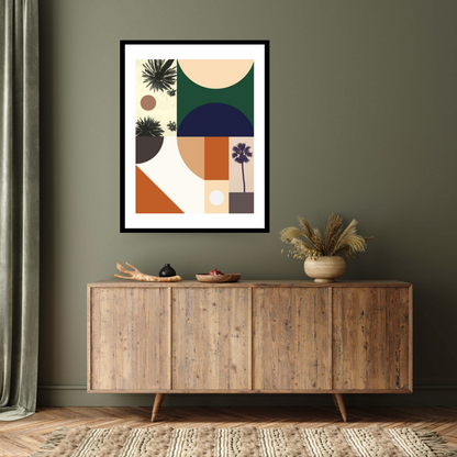 "Beverly Glen, 21st century" by George Rosaly. This black framed print, adorned with dark orange, blue, and green shapes against a neutral backdrop, encapsulates the neighbourhood's tranquillity. Palm trees seen from below add a touch of natural elegance.