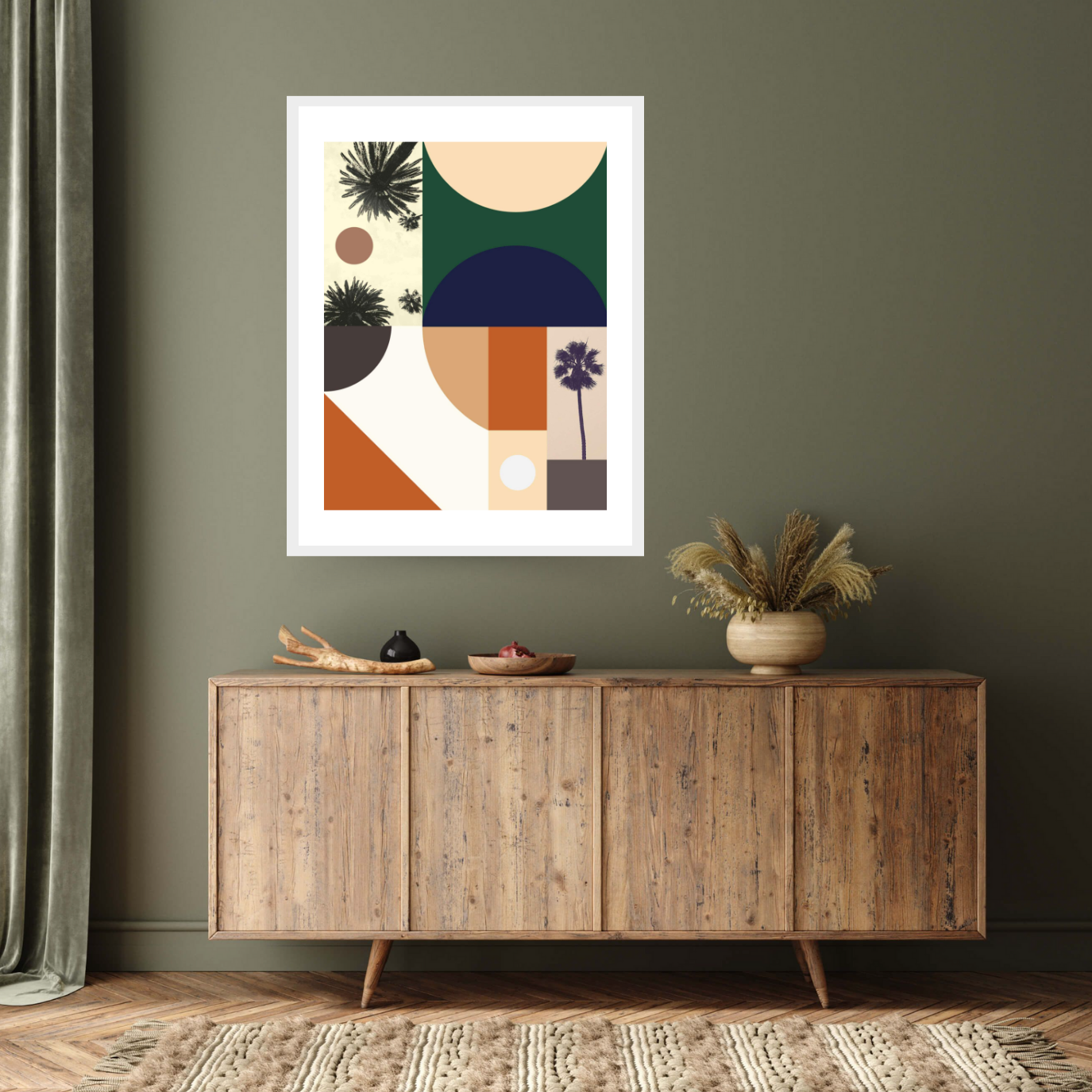 "Beverly Glen, 21st century" by George Rosaly. This white framed print, adorned with dark orange, blue, and green shapes against a neutral backdrop, encapsulates the neighbourhood's tranquillity. Palm trees seen from below add a touch of natural elegance.