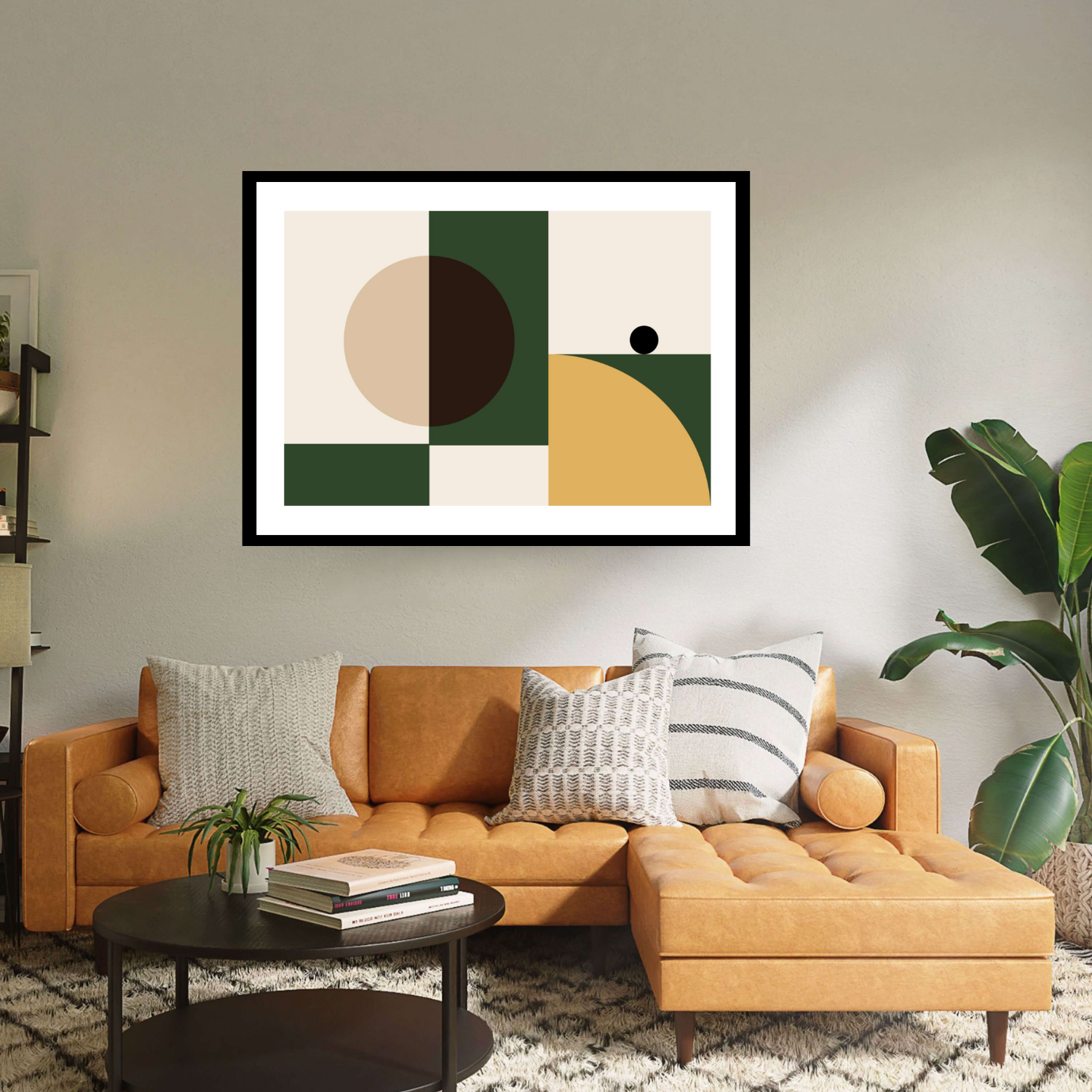 Elevate your space with "Botanist Puzzle" by George Rosaly. A stunning black framed archival digital print that blends abstraction and street art, this contemporary piece features vibrant green, black, and yellow shapes against a cream backdrop, embodying the essence of the Pop Art movement. 