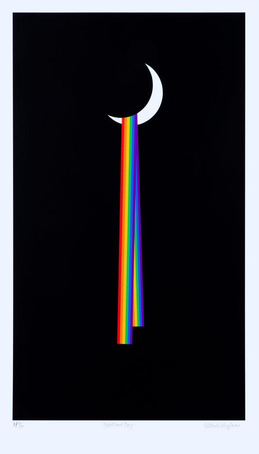 "Night and Day" art print by Patrick Hughes on Hahnemühle paper. An optical illusion of a rainbow hangs over a crescent moon, blending night and day. Vibrant colours and intricate details captivate viewers
