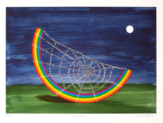 Image of 'Web Bow' art print by Patrick Hughes, depicting an inverted rainbow at night, adorned with a spider's web and dew drops.