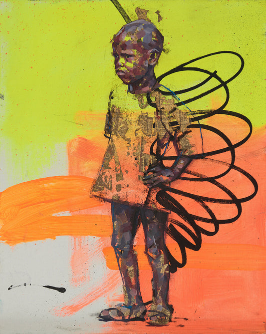 Image of the Oil on canvas ‘Butterfly people’ by the Contemporary artist Aaron Bevan-Bailey, depicting a child, afrofuturism 8351472
