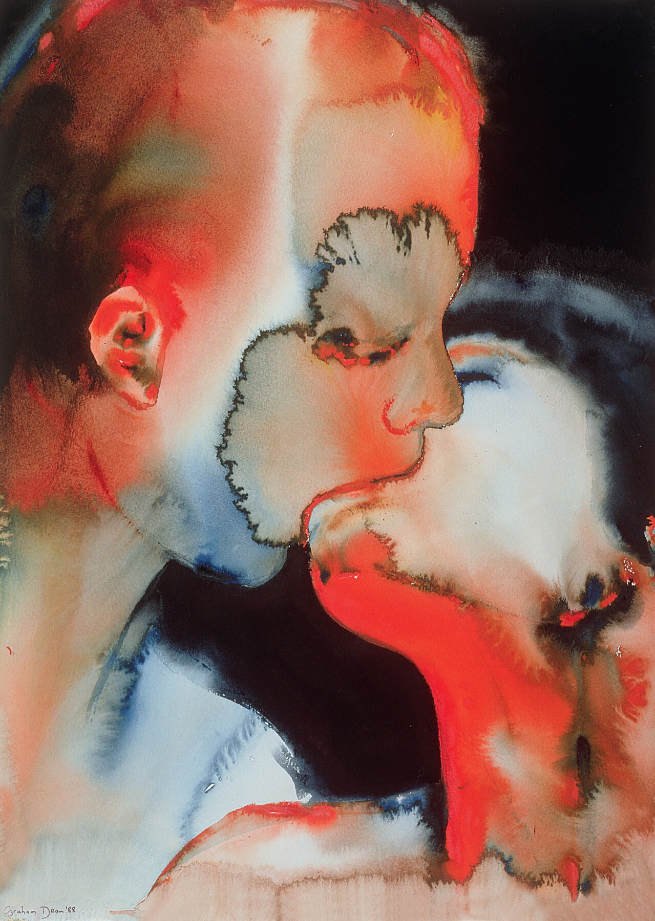 Unframed "Close-up Kiss" by Graham Dean: a mesmerising watercolour turned into an archival print that captures intimate moments between lovers. This evocative piece delves into themes of passion and closeness, rendered with vivid detail and his unique technique "reverse archaeology.