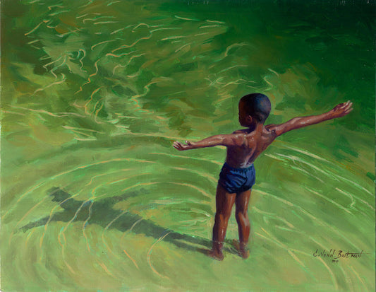 Unframed print ‘Me’ by Colin Bootman is a vibrant contemporary landscape where a boy wearing a swimming suit is seen from above, standing with open arms in a bright green river water 
