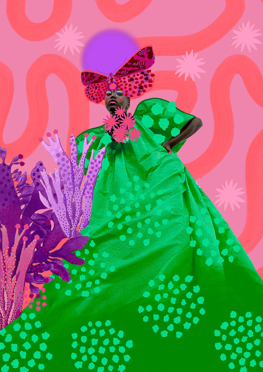 Image of the unframed fine art print ‘Alais’ by the Contemporary artist Amber Elise, depicting a black woman wearing a long green dress and a butterfly shaped hat, standing on a bright pink background.