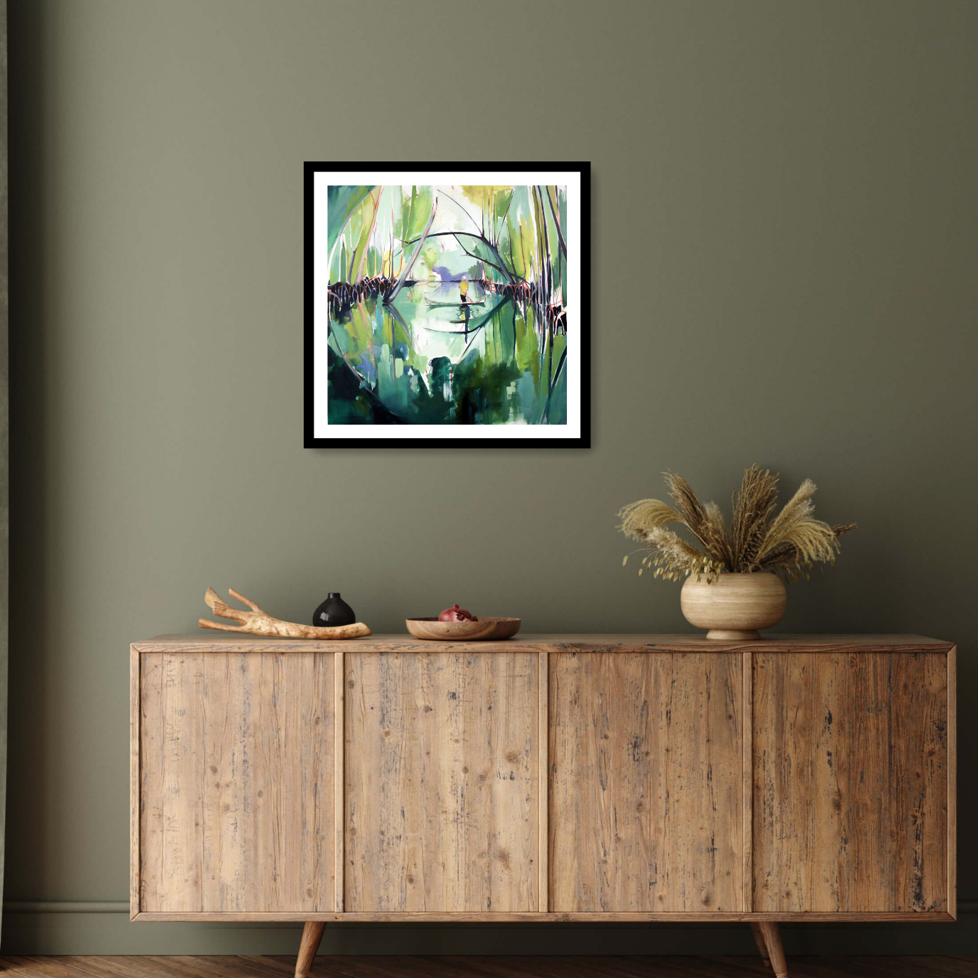 Black framed print ‘Reflected’ by Charlotte Evans: A vibrant contemporary landscape where the multicoloured hues of mangroves are beautifully reflected in the tranquil waters