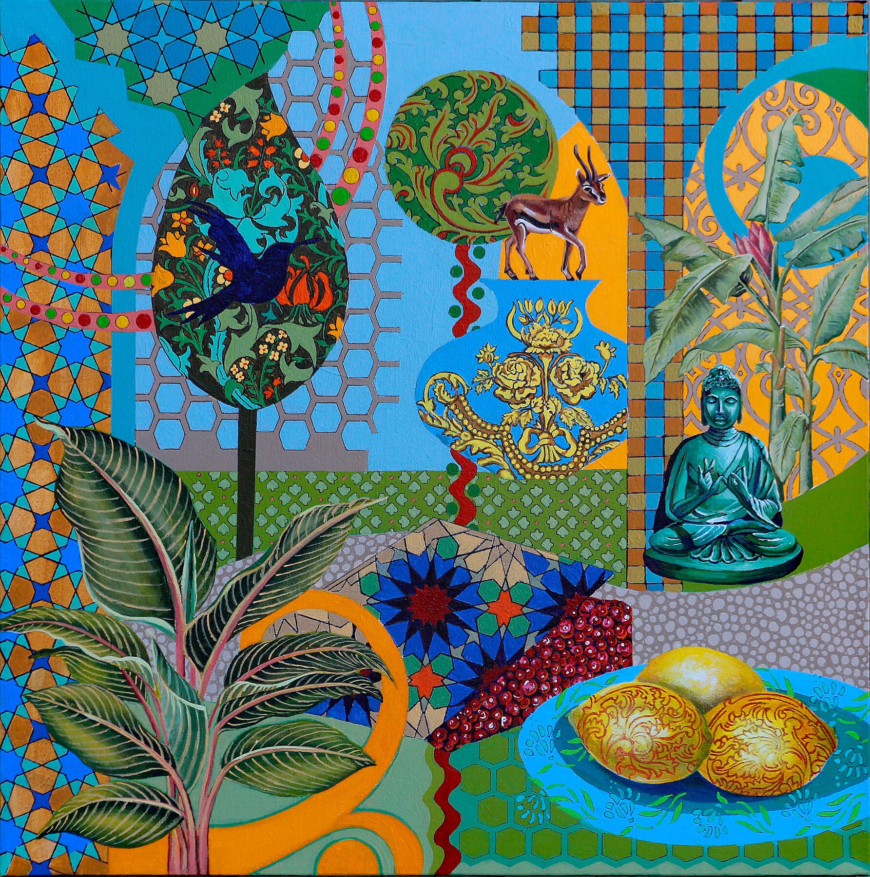 Unframed Fine Art Print: 'Love of 3 Lemons, 2020' by Frances Ferdinands is a contemporary masterpiece featuring vibrant colours and whimsical imagery of lemons, antelopes, and trees. This captivating artwork blends elements of Buddhism with modern symbolism, adding a unique touch to any space.