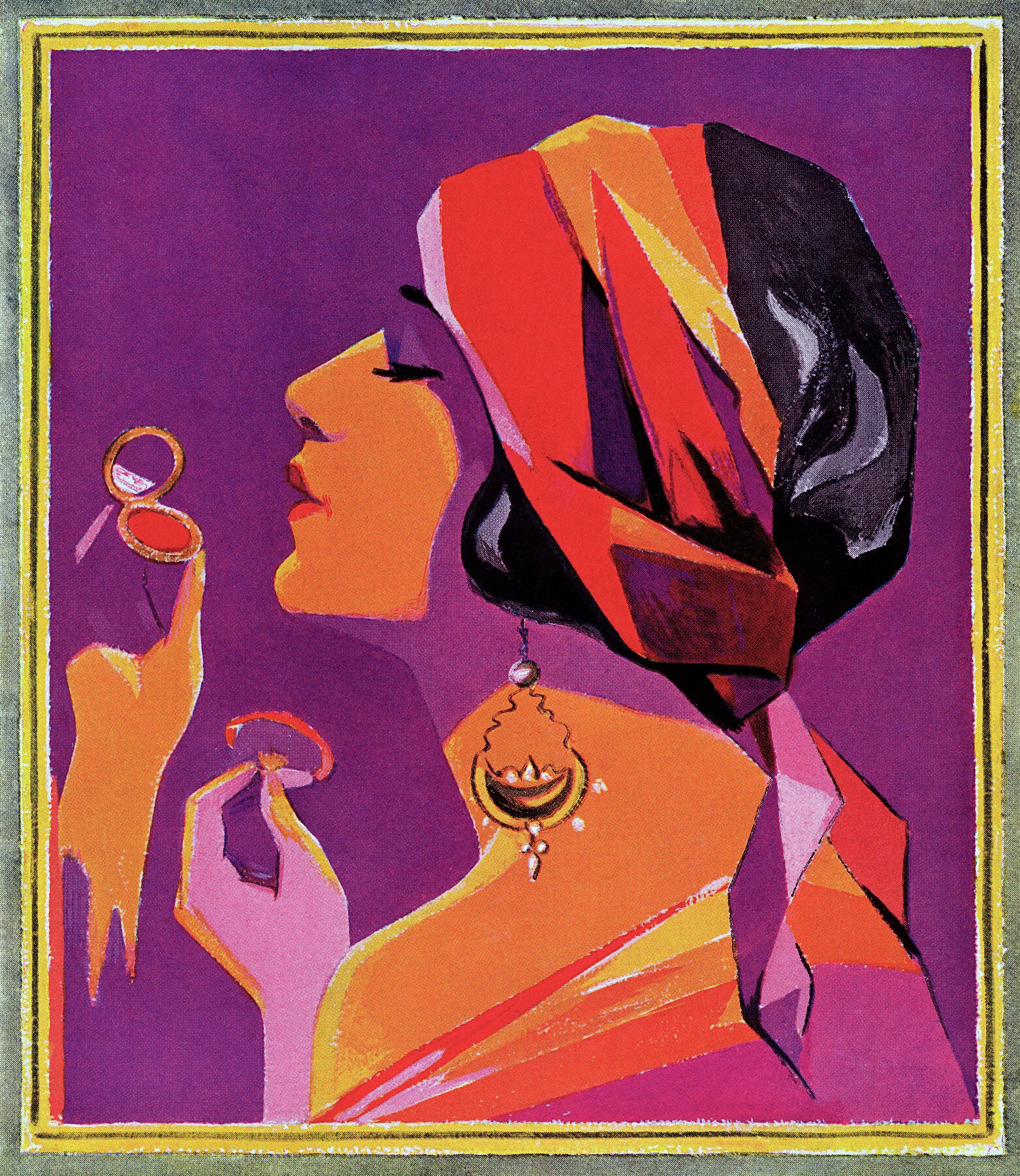 Flapper in a Scarf Applying Makeup 1923 - (20th century), American School, Fashion Illustration - Bridgeman Editions, Painting by  Bridgeman Editions