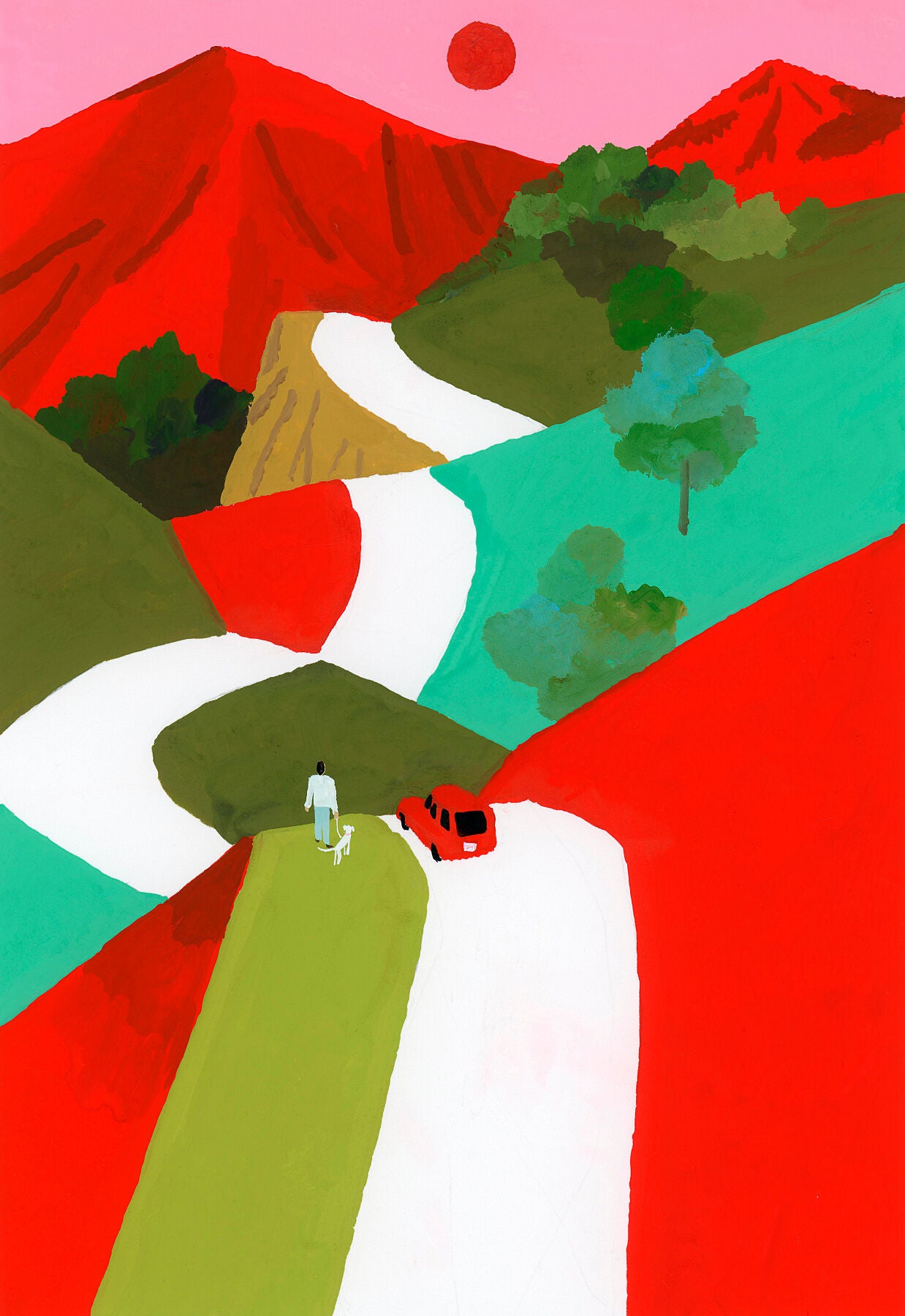 'Red Mountain Path, 2017' by Hiroyuki Izutsu: a vibrant gouache and digital artwork turned into an unframed archival print depicting an abstract aerial landscape. A lone figure stands beside a red car amidst scattered trees, inviting viewers to immerse themselves in the colourful scenery.
