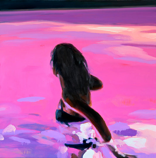 'Magenta Nights, 2023' by Elizabeth Lennie: an unframed fine art print on Hahnemühle German etching paper capturing a woman's journey through a vivid pool of magenta, purple, and pink hues. Experience the vibrant colours and immersive atmosphere of this enchanting scene.