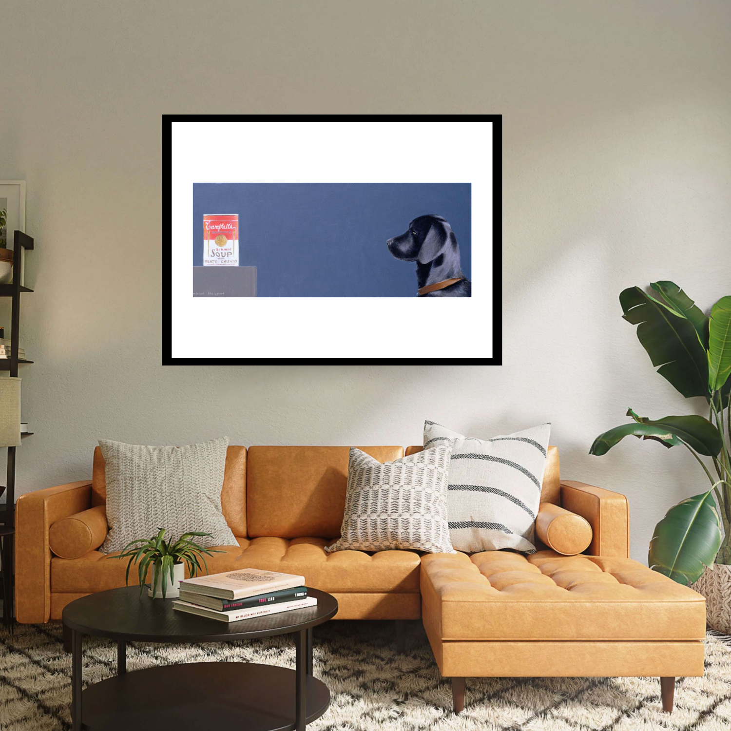 Experience the surreal "Black Dog with Campbell's Soup, 2020" by Lincoln Seligman. This print showcases a black dog facing a counter with Campbell's soup against a deep blue backdrop. Now available as a black framed archival digital print.