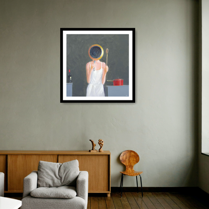 Black framed archival print "Masterchef, 2005" by Lincoln Seligman: depicts a woman in a white apron, holding a pan over her face and a wooden spoon in hand. Accompanied by a red pot and a bottle of wine, this painting adds a touch of culinary charm to any space.