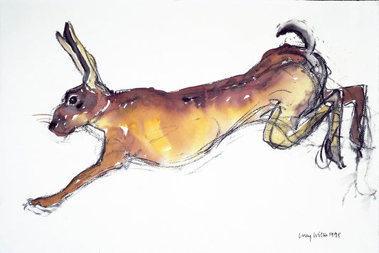 Unframed "Jumping Hare" by Lucy Willis: A dynamic brown hare captured mid-leap in Archival digital print on Hahnemühle German etching paper