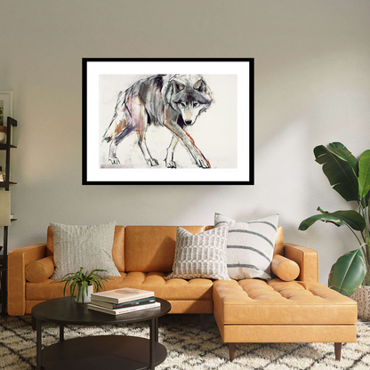 Embark on a journey into the untamed wilderness with "Wolf" by Mark Adlington. This mesmerising portrayal, tinged with purple and orange hues, captures the majestic essence of a wolf in the midst of its hunt. A black framed archival digital print on Hahnemühle German etching paper, brings the spirit of the wild into your home.
