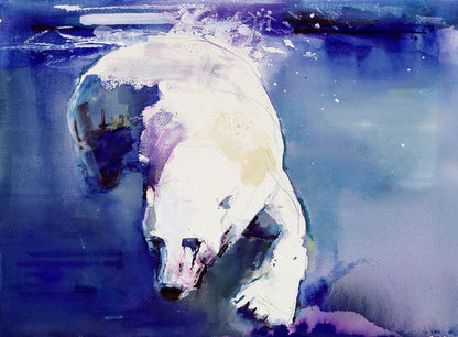 Unframed 'Underwater Bear' by Mark Adlington. This artwork portrays a polar bear gracefully swimming beneath icy blue waters. Available as archival digital print, it's a stunning addition to any collection, capturing the beauty of wildlife in exquisite detail. 