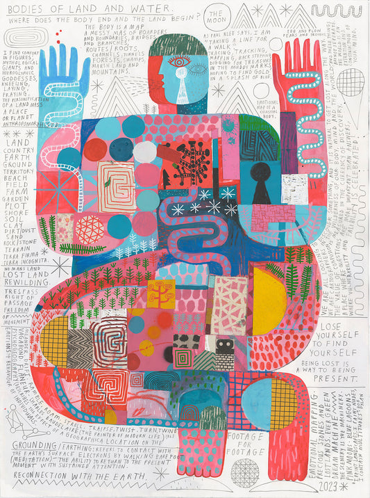 Dive into the captivating world of 'Body Scan 3' by David Shillinglaw: an intriguing unframed print that showcases a kneeling human figure, crafted from vibrant graphic patterns with pink hues. Against a backdrop of black and white words and phrases, explore the multifaceted meanings of the word 'body'.