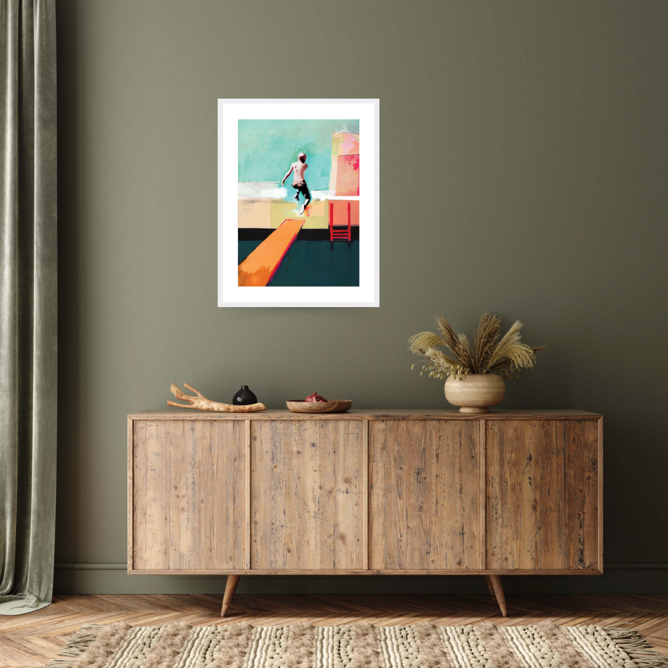 Dive into the vibrant world of 'Pool Day' by David McConochie: a captivating white framed print featuring a young boy leaping into a pool from an orange diving board against a stunning cyan sky. Experience the joy of summer with this colourful fine art print