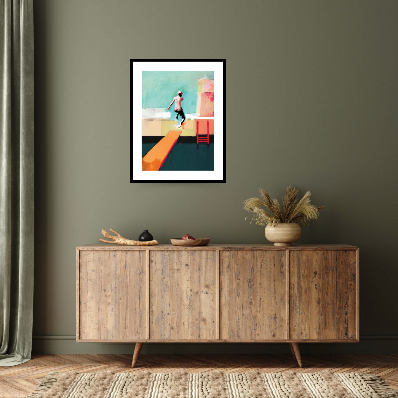 Dive into the vibrant world of 'Pool Day' by David McConochie: Set in an elegant interior a captivating black framed print featuring a young boy leaping into a pool from an orange diving board against a stunning cyan sky. Experience the joy of summer with this colourful fine art print