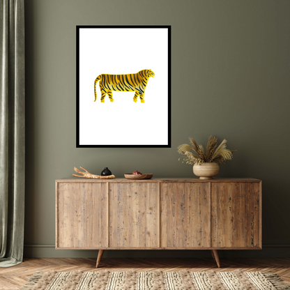 Set in an elegant interior the black framed art print ‘The Tiger’ by Cristina Rodriguez: A striking profile of a tiger against a pristine white backdrop, symbolising strength and vitality in the Chinese Horoscope.