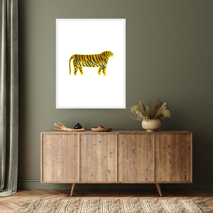Set in an elegant interior the white framed art print ‘The Tiger’ by Cristina Rodriguez: A striking profile of a tiger against a pristine white backdrop, symbolising strength and vitality in the Chinese Horoscope.