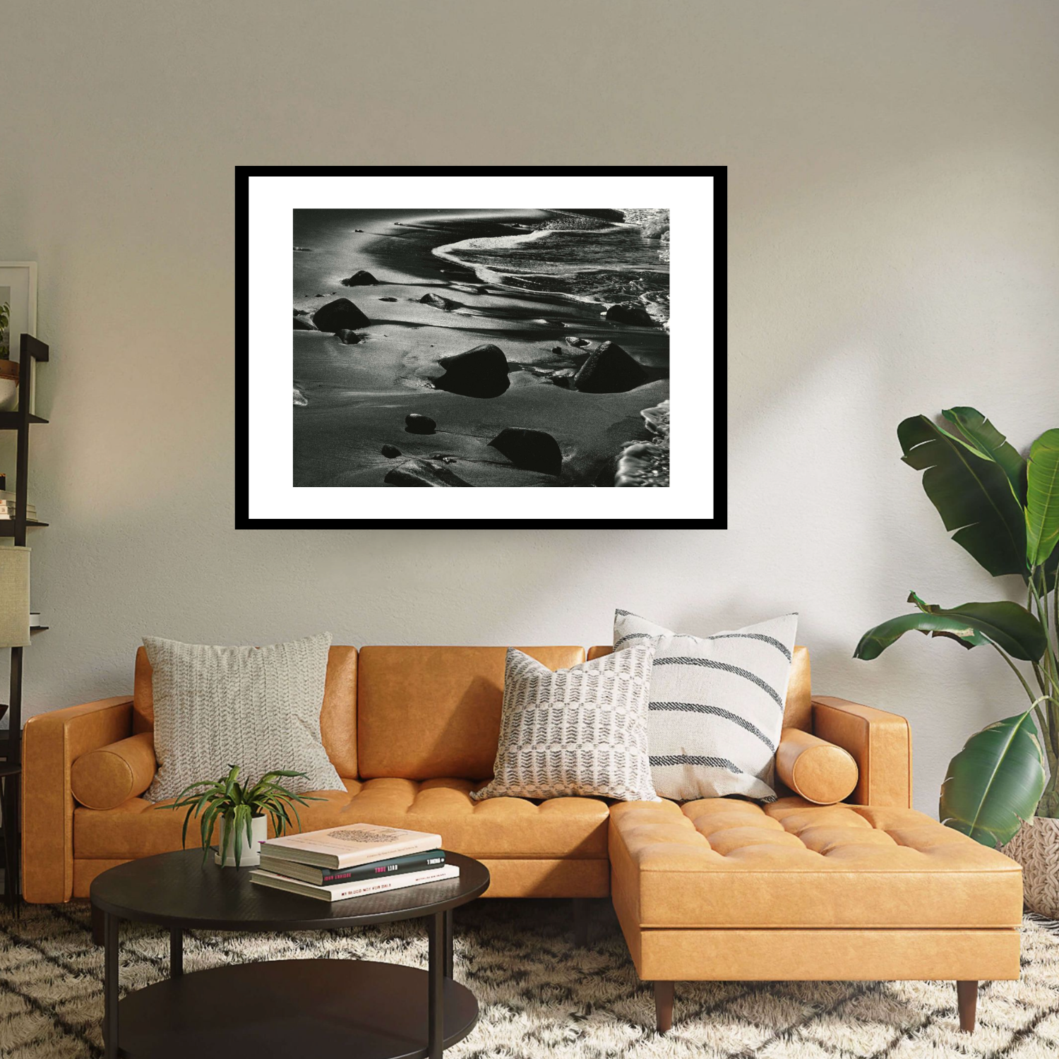 Black framed black and white print ‘Rocks Water Coast California’ by Brett Weston: An evocative photograph of an ocean coast with scattered rocks
