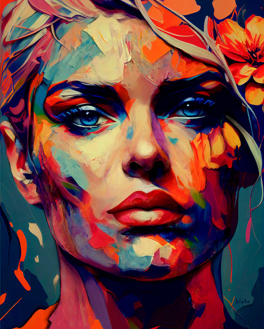 Unframed print 'No Turning Back’ by Blake Munch: A woman with piercing blue eyes faces the viewer, her face covered in an array of warm and cool toned brushstrokes.