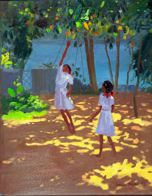 Image of the unframed print ‘Reaching for Oranges’ by Andrew Macara, depicting Two girls in white dresses attempting to reach the oranges perched above them. One girl jumps into the air, arm extended upwards. Benota, Sri Lanka 8365602