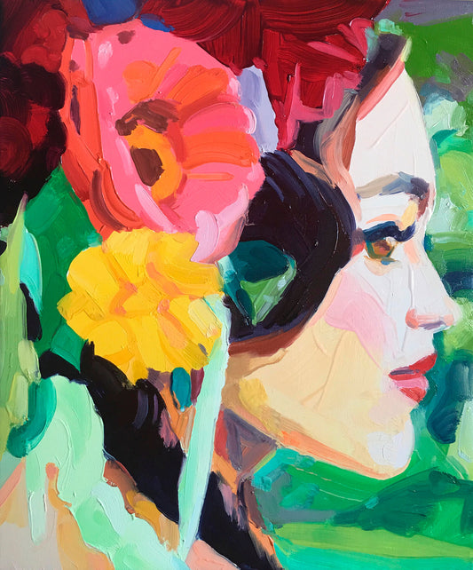 Image of the unframed print ‘Electric Dreams' by Barbara Hoogeweegen depicting a woman facing right, with an array of flora in her hair, including two large pink and yellow flowers. The woman stands on a bright green background