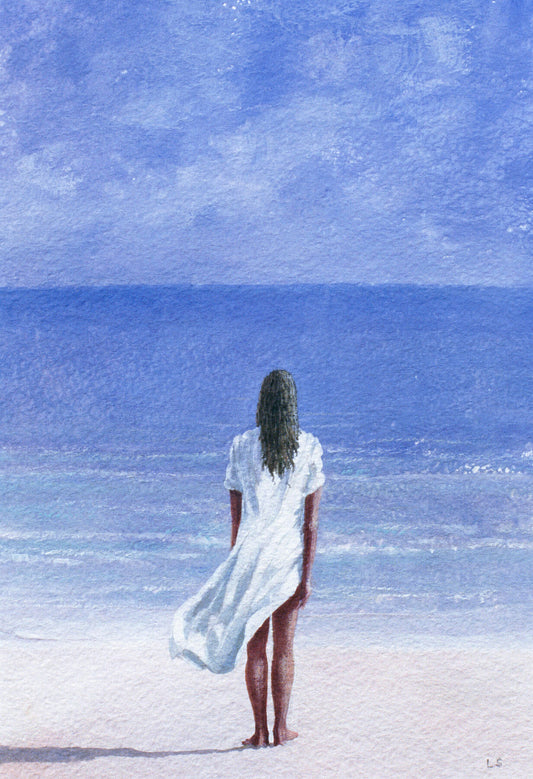 "Girl on Beach, 1995" by Lincoln Seligman. This captivating unframed print depicts a woman in a flowing white dress standing on the pristine sands, gazing towards the azure waters. Bring the tranquillity of the seaside into your space with this archival digital print on Hahnemühle German etching paper.