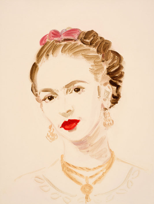 Image of the unframed print ‘Frida Kahlo’ by Annie Kevans, depicting the mexican artists Frida kahlo with her characteristic bright red lipstick