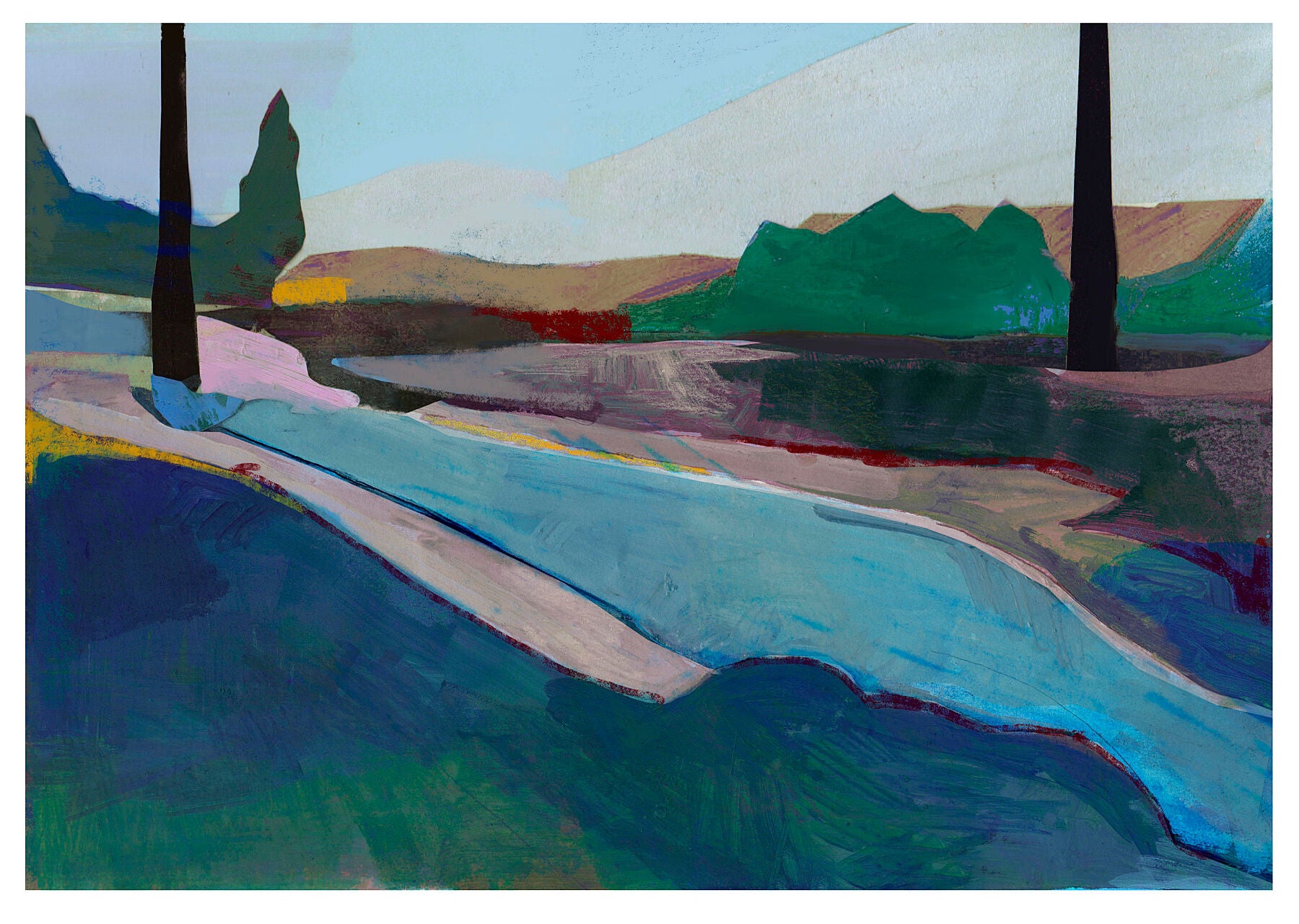 Immerse yourself in 'Hitchin Brook' by David McConochie: a mesmerising unframed print of an abstract rural landscape. Shades of blue paint a serene countryside scene with a solitary river winding between two tree silhouettes. This tranquil artwork invites you to escape into nature's beauty