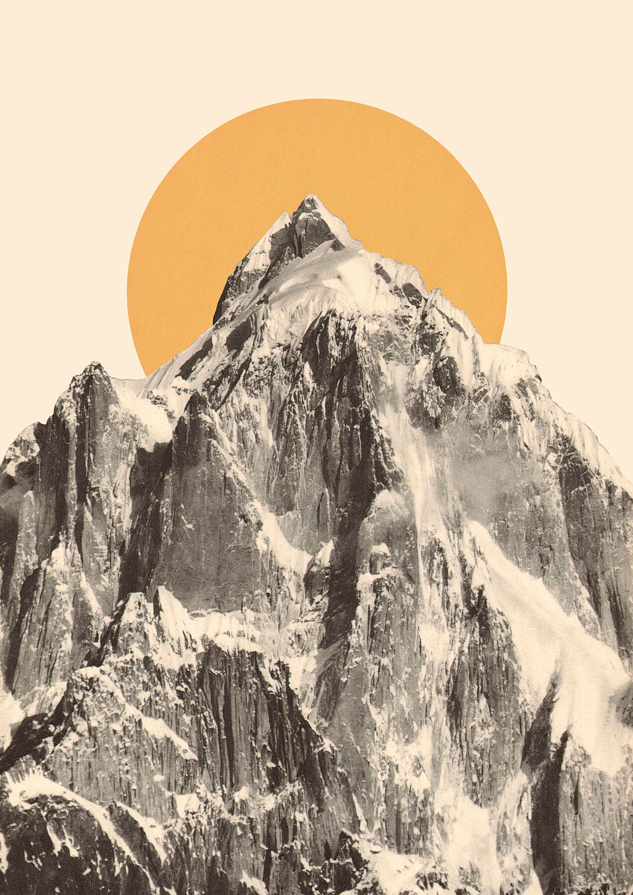 'Mountainscape 5, 2019' by Florent Bodart, an Unframed archival print capturing a serene black and white mountain peak set against a round yellow sun on a cream background.