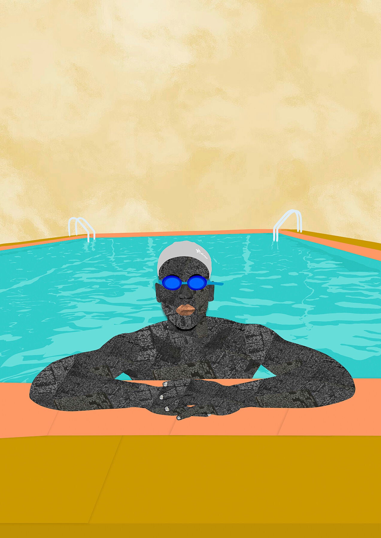 Unframed 'MAN IN A POOL I, 2021' by Osinachi. This captivating digital print encapsulates contemporary aesthetics and cultural nuances, portraying a vibrant scene of a man in a pool. With its rich colours and dynamic composition, this limited edition piece adds a modern flair to any collection.