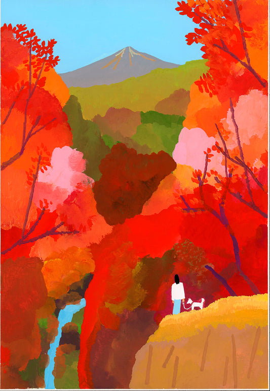 Experience the serene beauty of 'Autumnal Leaves and Waterfalls, 2017' by Hiroyuki Izutsu. This captivating artwork features a figure and their dog amidst a vibrant autumn landscape with a cascading waterfall. Dominated by a rich red hue, this unframed archival digital print on Hahnemühle German etching paper brings the essence of nature to life.