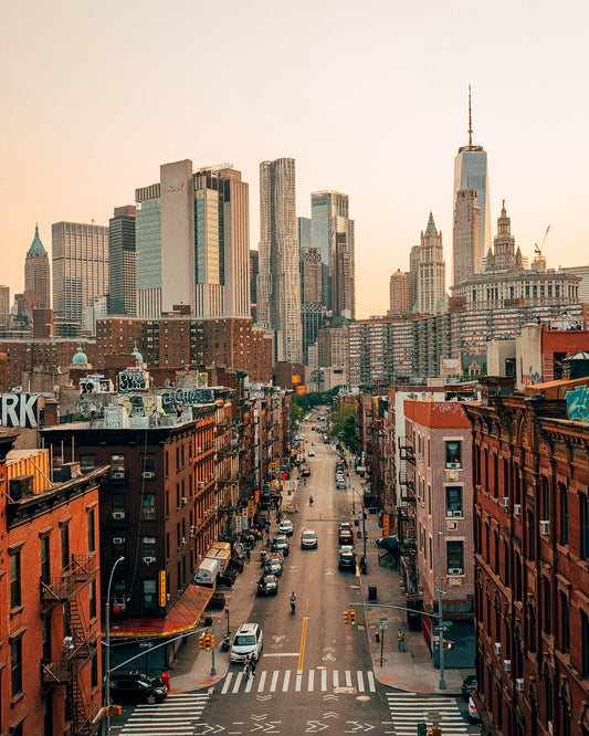 View of the Lower East Side and skyline of the Financial District from the Manhattan Bridge in the Lower East Side New York City USA -  by  Bridgeman Editions