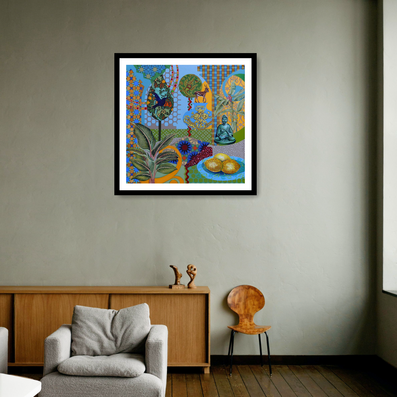 Black framed Fine Art Print: 'Love of 3 Lemons, 2020' by Frances Ferdinands is a contemporary masterpiece featuring vibrant colours and whimsical imagery of lemons, antelopes, and trees. This captivating artwork blends elements of Buddhism with modern symbolism, adding a unique touch to any space.