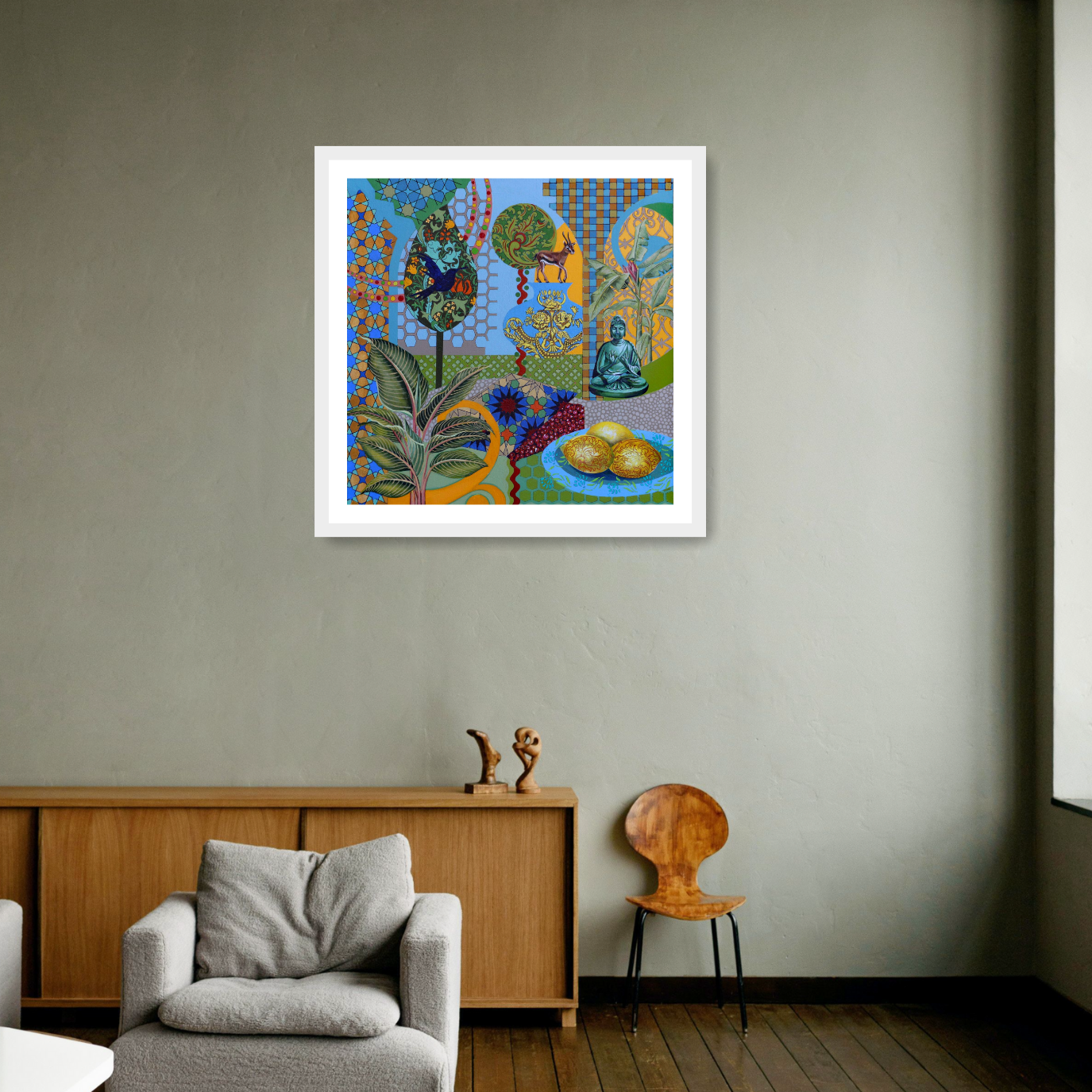 White framed Fine Art Print: 'Love of 3 Lemons, 2020' by Frances Ferdinands is a contemporary masterpiece featuring vibrant colours and whimsical imagery of lemons, antelopes, and trees. This captivating artwork blends elements of Buddhism with modern symbolism, adding a unique touch to any space.