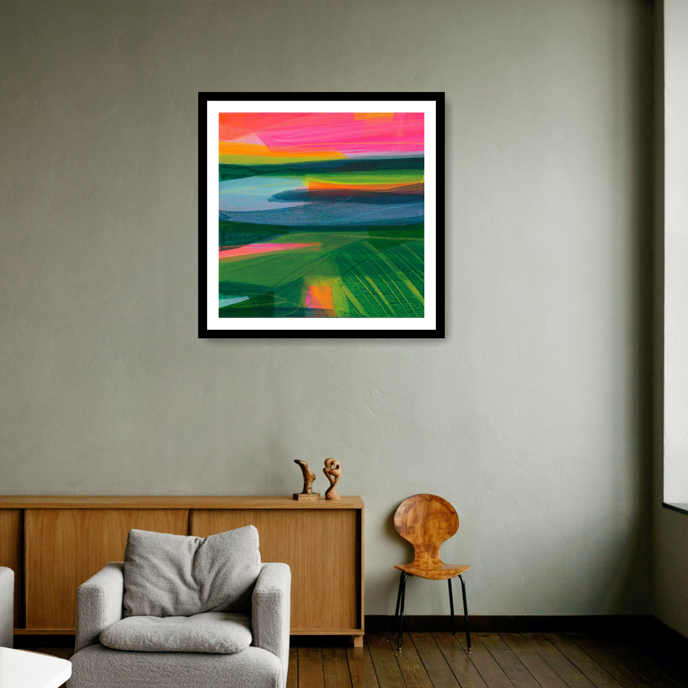 'Embraced by Sussex, 2021' by Faye Bridgwater: a black framed fine art print capturing the vibrant South Downs landscape. Experience the essence of Sussex countryside walks in this contemporary mixed media artwork.