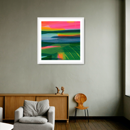 'Embraced by Sussex, 2021' by Faye Bridgwater: a white framed fine art print set in an elegant interior capturing the vibrant South Downs landscape. Experience the essence of Sussex countryside walks in this contemporary mixed media artwork.